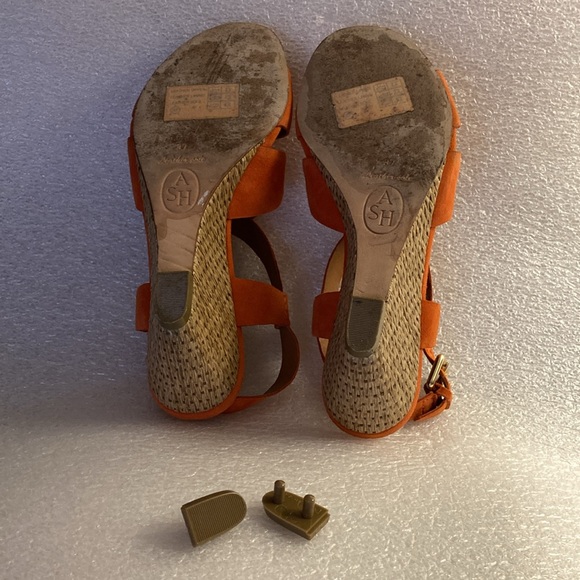 ASH Orange Suede Slingback Lattice Wedge Heel Sandals & Gold Buckle - Sz 37 - Picture 4 of 13